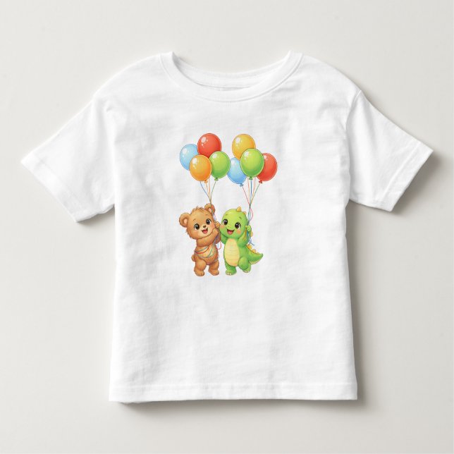 Cute Bear & Dino Balloon Toddler Birthday T-Shirt (Front)