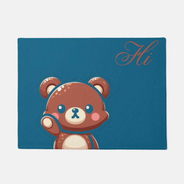 Cute Bear Door Mat – Teal Blue Teddy Bear Entryway (Front)