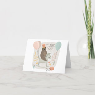 Cute bear drummer on wooden horse. Kids birthday Thank You Card