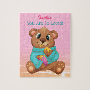 Cute Bear Eating Honey, Child's Name/Message, Pink Jigsaw Puzzle