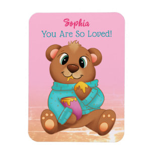 Cute Bear Eating Honey, Child's Name/Message, Pink Magnet