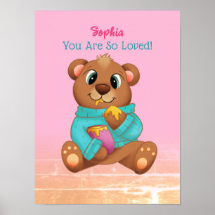 Cute Bear Eating Honey, Child's Name/Message, Pink Poster