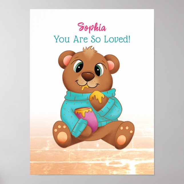 Cute Bear Eating Honey, Child's Name & Message Poster (Front)