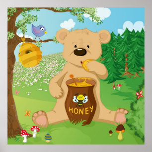 Cute bear eating honey poster