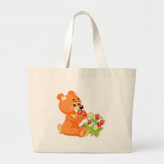 cute bear eating strawberries large tote bag