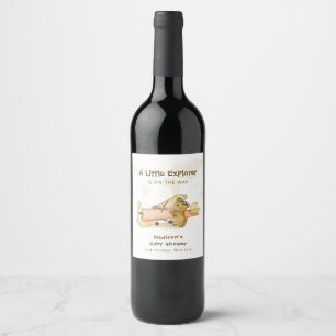 Cute Bear Explorer World Map Airplane Baby Shower Wine Label