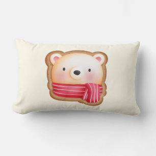 Cute Bear Face in a Red Scarf Christmas Cookie Lumbar Cushion
