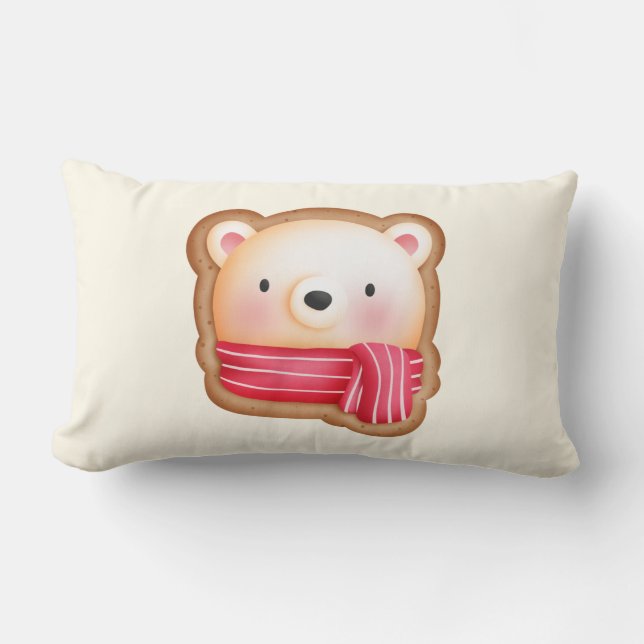 Cute Bear Face in a Red Scarf Christmas Cookie Lumbar Cushion (Front)