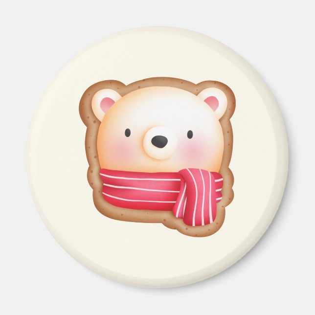 Cute Bear Face in a Red Scarf Christmas Cookie Magnet (Front)