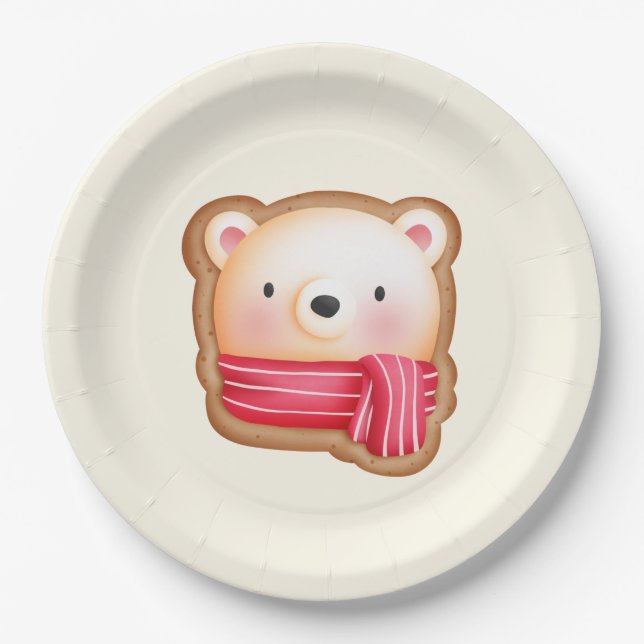 Cute Bear Face in a Red Scarf Christmas Cookie Paper Plate (Front)