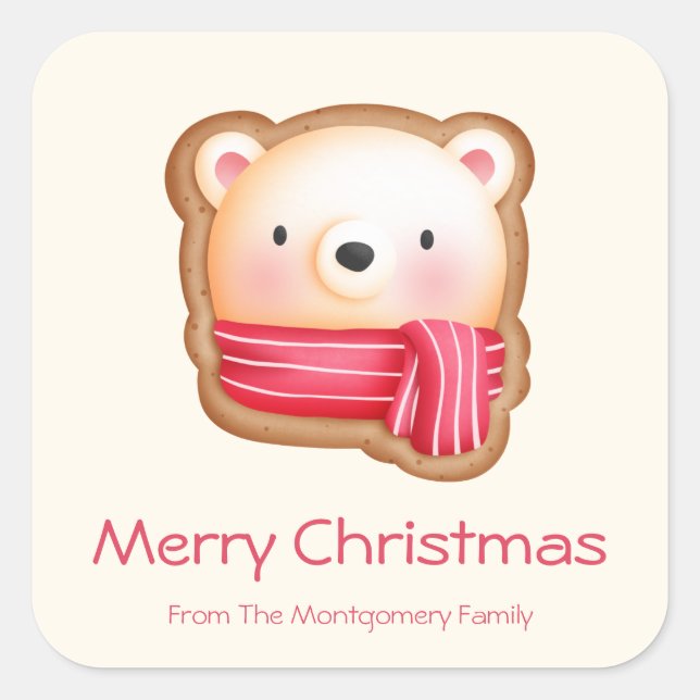 Cute Bear Face in a Red Scarf Christmas Cookie Square Sticker (Front)