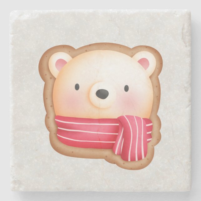 Cute Bear Face in a Red Scarf Christmas Cookie Stone Coaster (Front)
