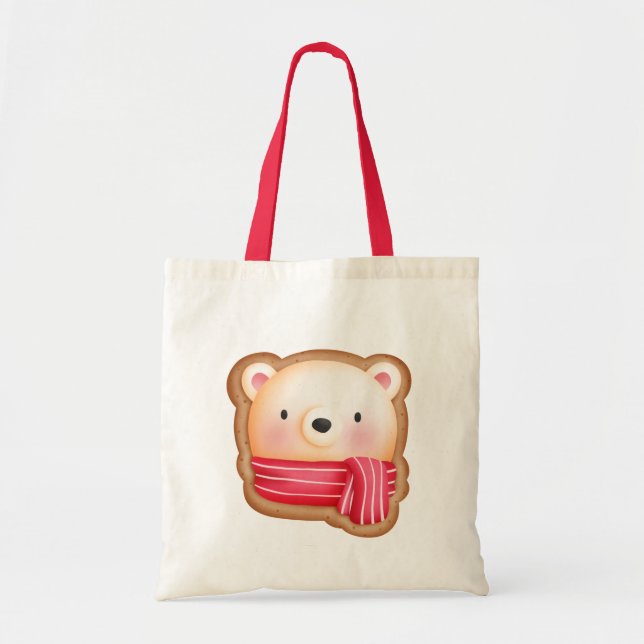 Cute Bear Face in a Red Scarf Christmas Cookie Tote Bag (Front)