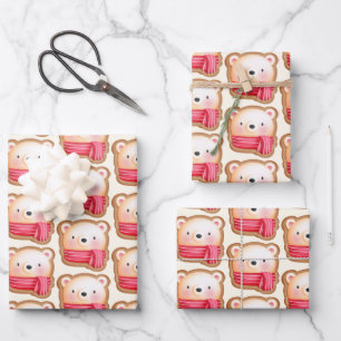 Cute Bear Face in a Red Scarf Christmas Cookie Wrapping Paper Sheet
