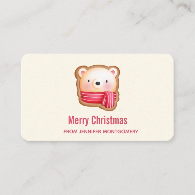 Cute Bear Face in a Red Scarf Christmas Greeting Business Card (Front)