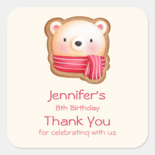 Cute Bear Face in a Red Scarf Party Thank You Square Sticker