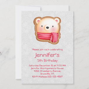 Cute Bear Face Red Scarf & Rosy Cheeks Birthday Invitation