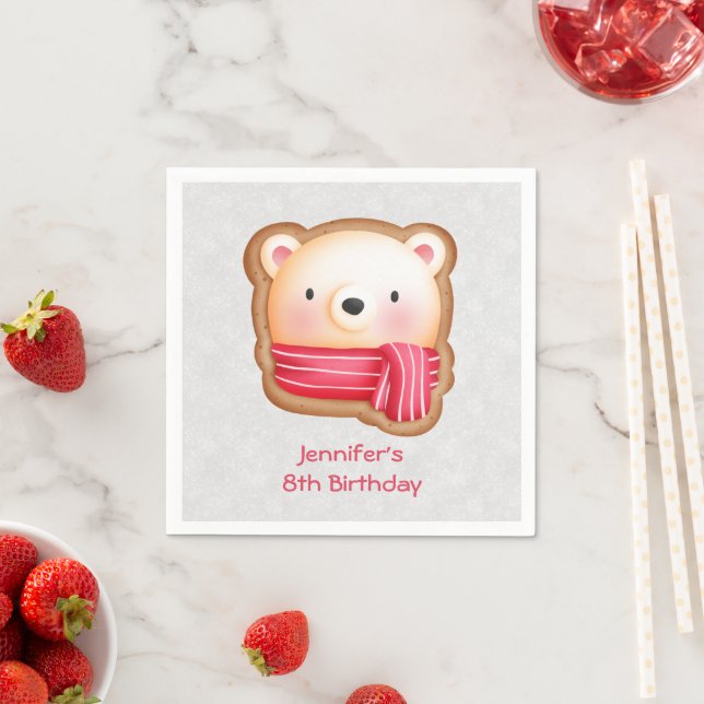 Cute Bear Face Red Scarf & Rosy Cheeks Birthday Napkin (Insitu)