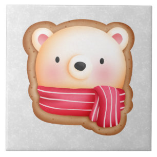 Cute Bear Face Red Scarf & Rosy Cheeks Christmas Ceramic Tile