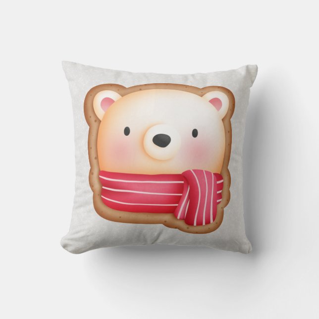 Cute Bear Face Red Scarf & Rosy Cheeks Christmas Cushion (Front)
