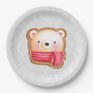 Cute Bear Face Red Scarf & Rosy Cheeks Christmas Paper Plate
