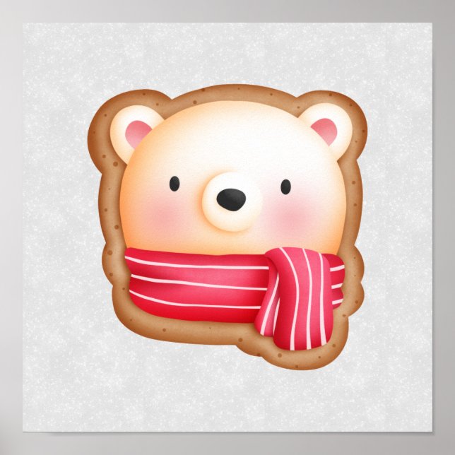 Cute Bear Face Red Scarf & Rosy Cheeks Christmas Poster (Front)