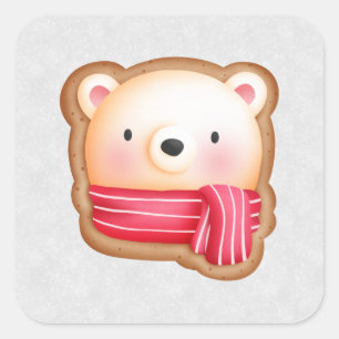 Cute Bear Face Red Scarf & Rosy Cheeks Christmas Square Sticker