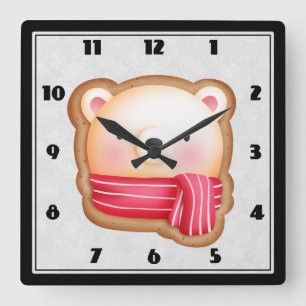 Cute Bear Face Red Scarf & Rosy Cheeks Christmas Square Wall Clock