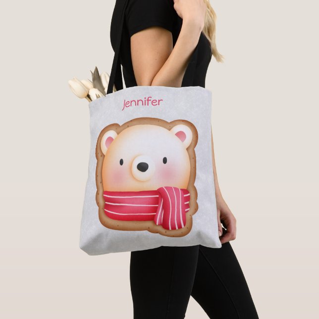 Cute Bear Face Red Scarf & Rosy Cheeks Christmas Tote Bag (Close Up)