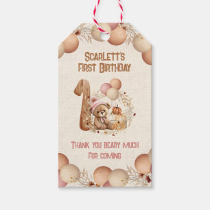 Cute Bear Fall Beary 1st Birthday Girl Thank you Gift Tags