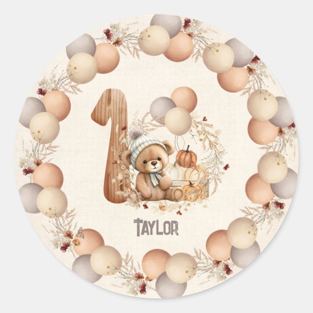 Cute Bear Fall Boy Beary 1st Birthday  Classic Round Sticker (Front)