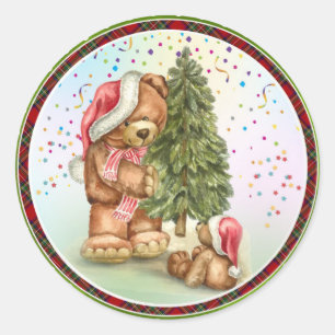Cute Bear Family Christmas tree confetti Holiday Classic Round Sticker