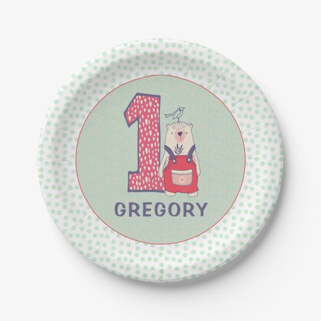 Cute bear first birthday with name paper plates (Front)