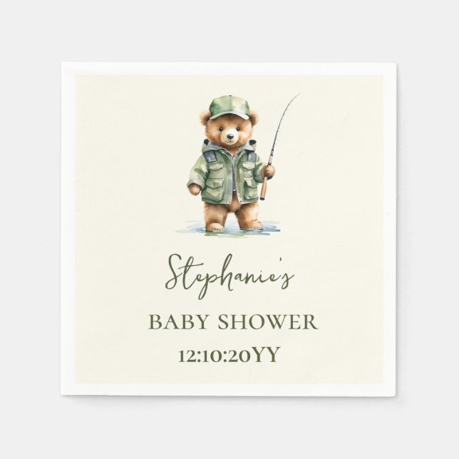 Cute Bear Fisherman Is On The Way Baby Shower Napkin (Front)