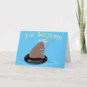 Cute bear fishing cartoon illustration card