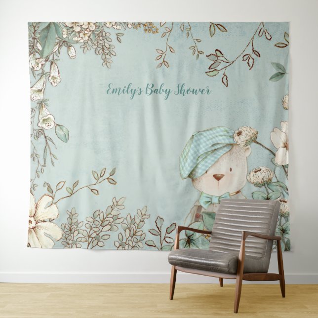 Cute Bear Floral Baby Shower Backdrop landscape Tapestry (In Situ (Horizontal))
