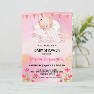 Cute Bear Flower balloon baby shower party girls Invitation