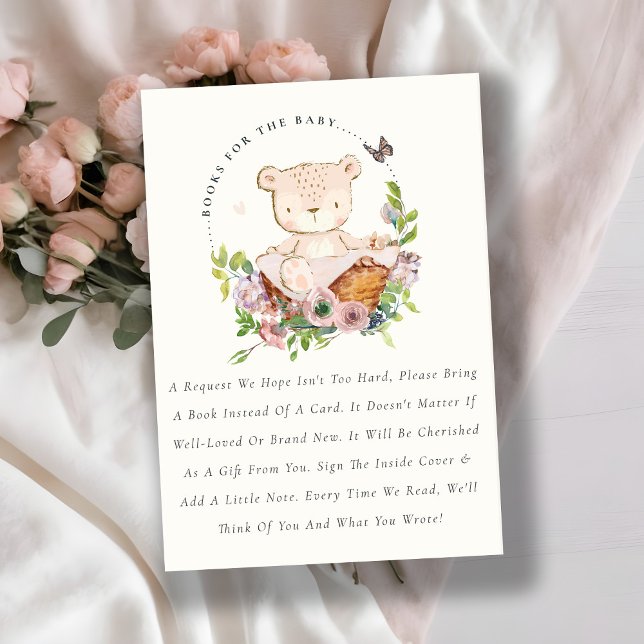 Cute Bear Flower Basket Pink Books For Baby Shower Enclosure Card (Creator Uploaded)