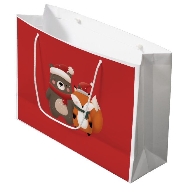 Cute Bear & Fox Christmas Gift Bag (Front Angled)