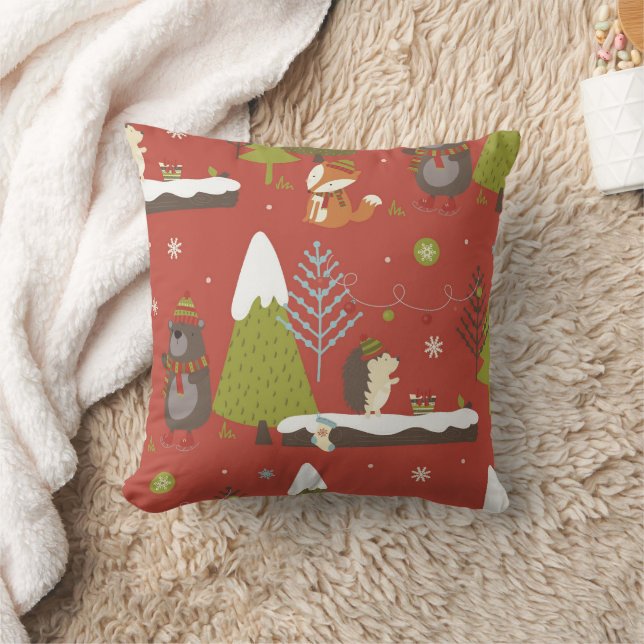 Cute Bear, Fox, & Hedgehog Kids Christmas Cushion (Blanket)