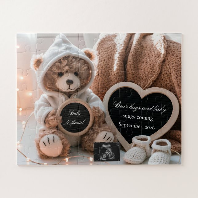 Cute Bear Gender Neutral Baby Announcement Jigsaw Puzzle (Horizontal)
