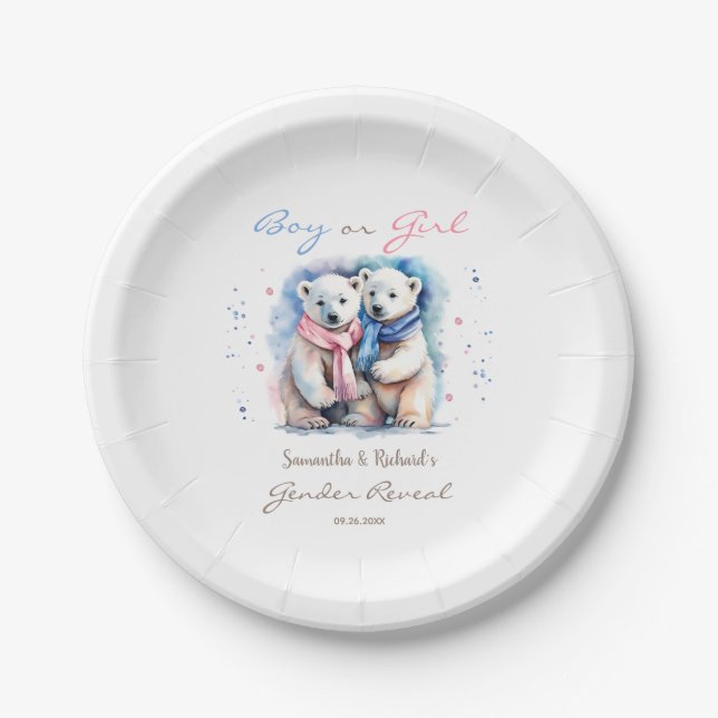 Cute Bear Gender Reveal Boy or Girl Winter Fall Paper Plate (Front)