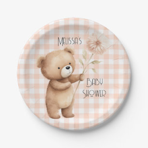 Cute Bear Gingham Pattern Baby Boy Shower Paper Plate