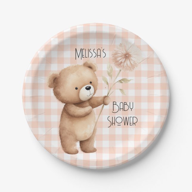Cute Bear Gingham Pattern Baby Boy Shower Paper Plate (Front)