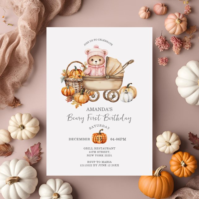  Cute Bear Gingham Pumpkin Pink First Birthday Invitation (Creator Uploaded)