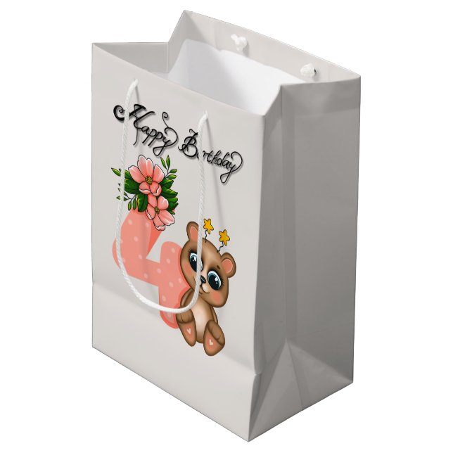 Cute bear girls Birthday 4th Medium Gift Bag (Front Angled)