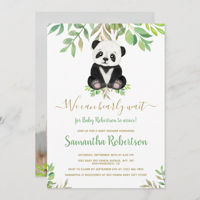 Cute Bear Gold Eucalyptus Baby Shower Photo Invitation (Front/Back)