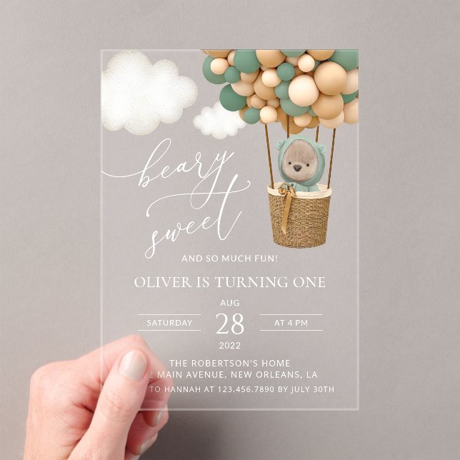 Cute Bear, Green Balloons, First Birthday Acrylic Invitations (Insitu (Handheld))