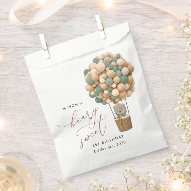 Cute Bear, Green Balloons, First Birthday Favour Bag (Clipped)