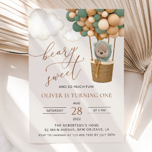 Cute Bear, Green Balloons, First Birthday Invitation